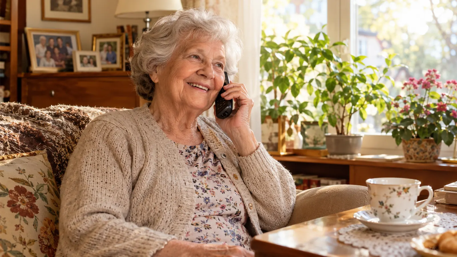 Uśmiechnięta seniorka rozmawia przez telefon w swoim domu, alternatywa dla domu opieki