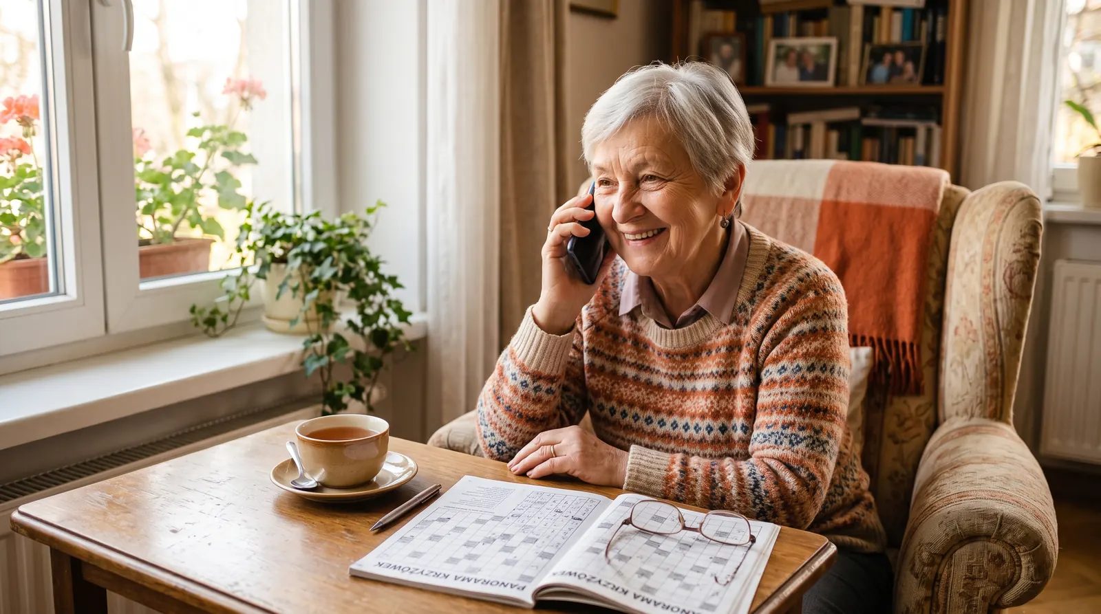 Uśmiechnięta seniorka rozmawia przez telefon w domu, otępienie a demencja różnice