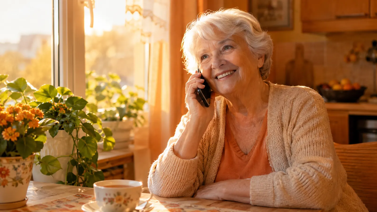 Uśmiechnięta seniorka rozmawia przez telefon przy herbacie, opieka nad rodzicem na odległość